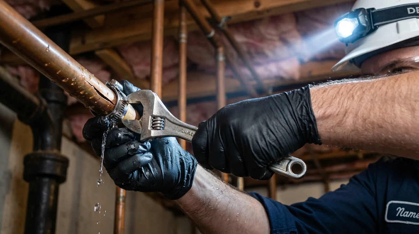 Emergency pipe clamp repair being performed by a Johns Plumbing LLC plumber in Cushing